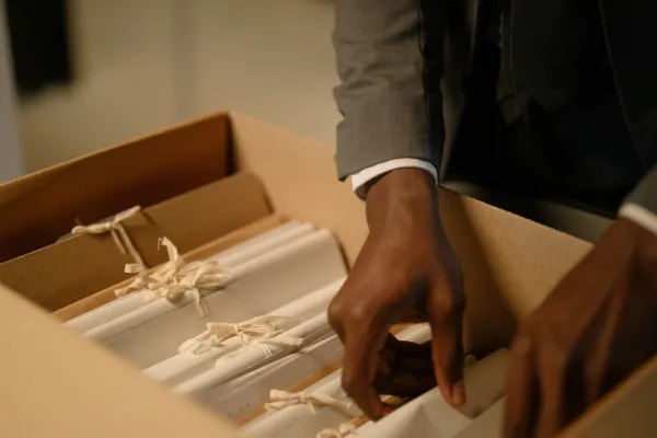 “A lawyer searching for a file in a drawer.